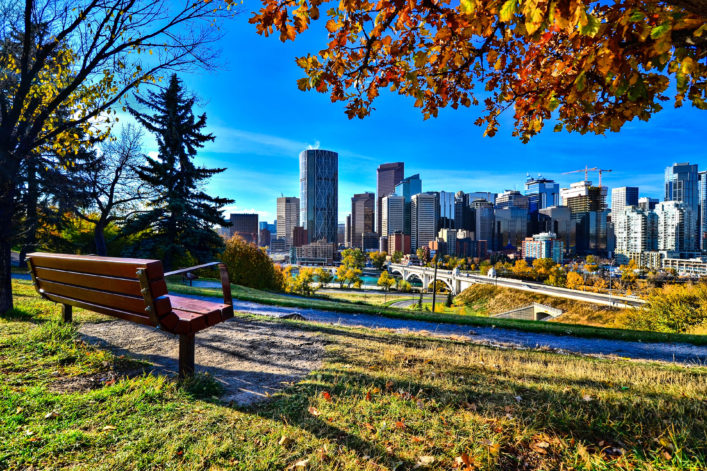 Calgary skyline from a park in autumn, Canada