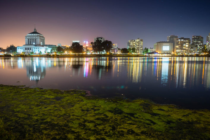 Oakland California Night Sky Downtown City Skyline Lake Merritt