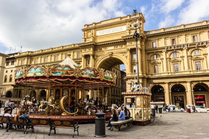 People on Piazza della Repubblica in Florence in Italy