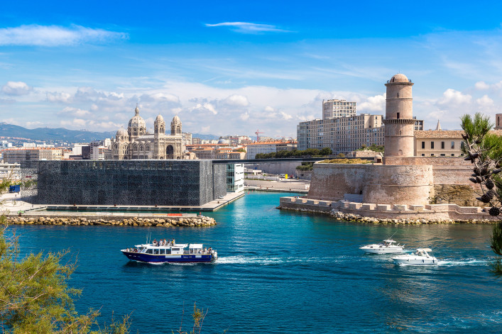 Saint Jean Castle and Cathedral de la Major and the Vieux port in Marseille, France shutterstock_322604492