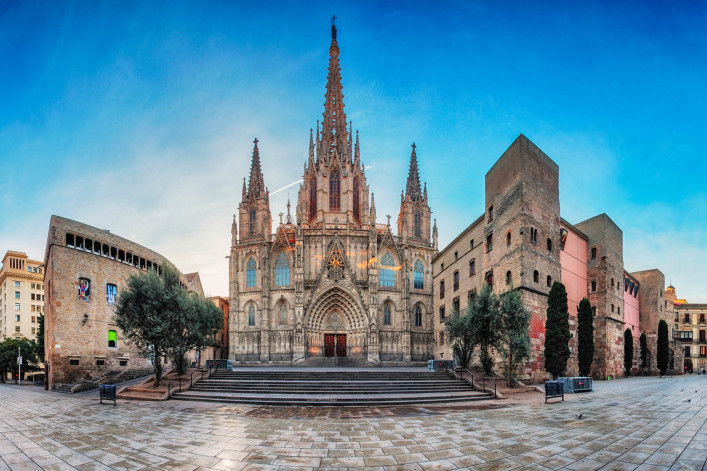 Panorama of Barcelona Cathedral. Spain. Barri Gothic