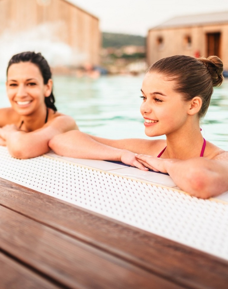 poolside friends relaxing